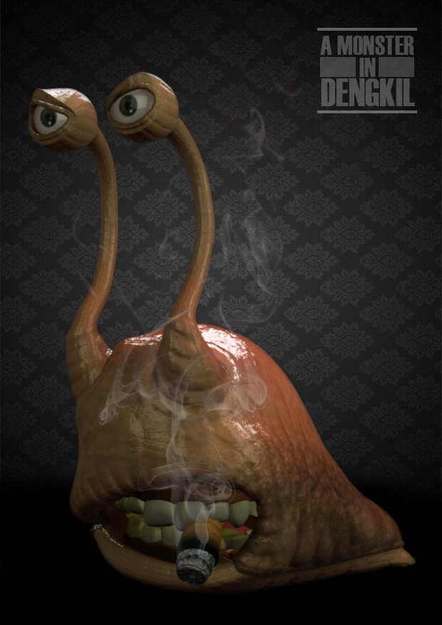 Grumpy snail monster with a cigar on a dark damask background