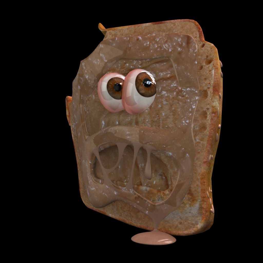 Slice of toast with bulging eyes and a gaping mouth dripping chocolate spread