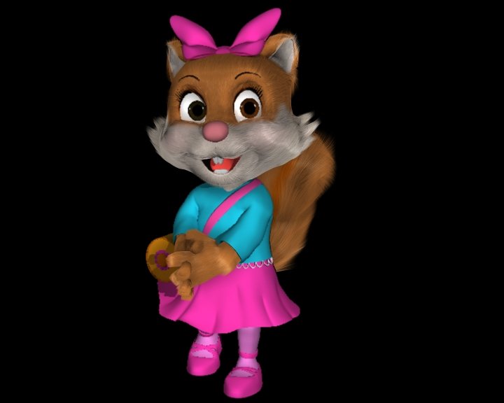 Cartoon squirrel girl in a pink bow, blue top and pink skirt holding a donut