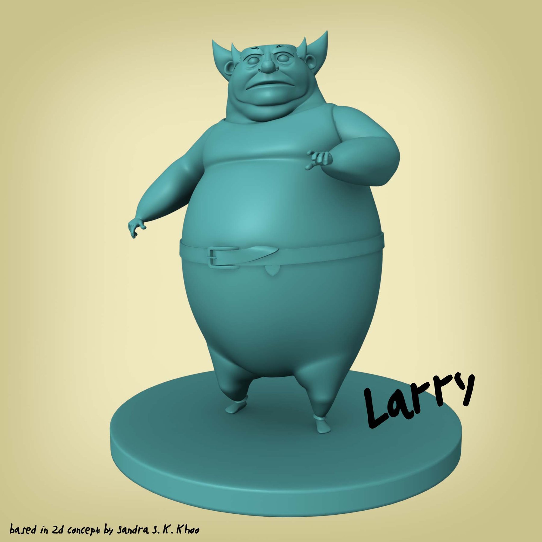 Clay-style sculpt of Larry, a round character with pointed ears on a base