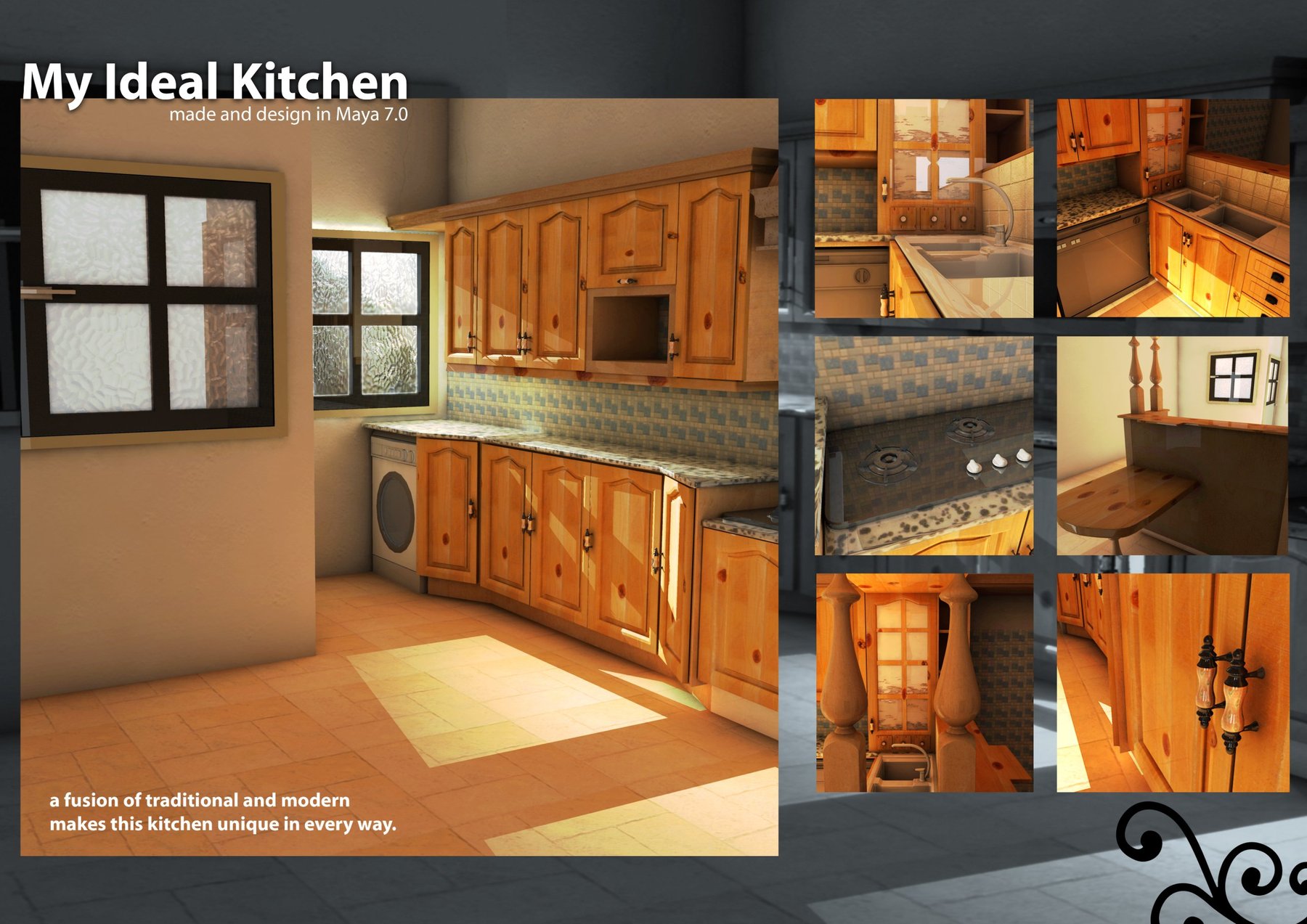 Wooden kitchen interior render with sunlit floor and six detail views