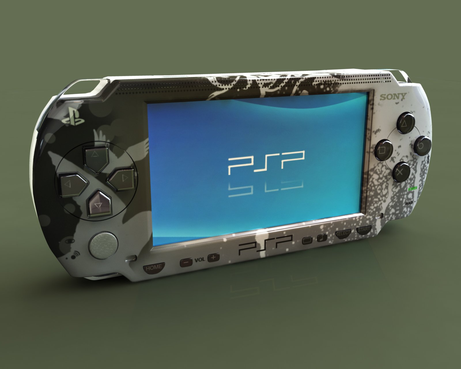 Handheld game console model with a custom grey bird-pattern finish