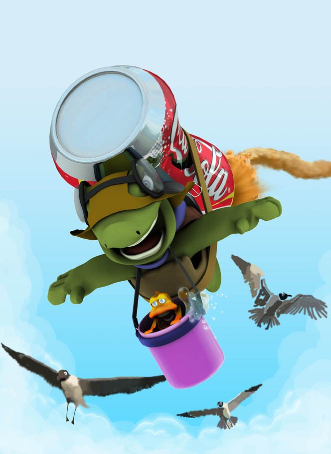 Turtle flying with a soda-can jetpack and a duck in a bucket, among seagulls