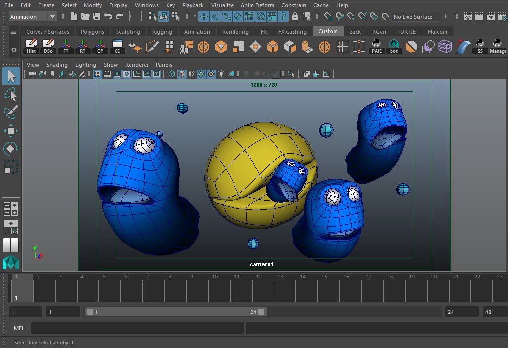 Maya viewport with blue cartoon worms around a yellow ball