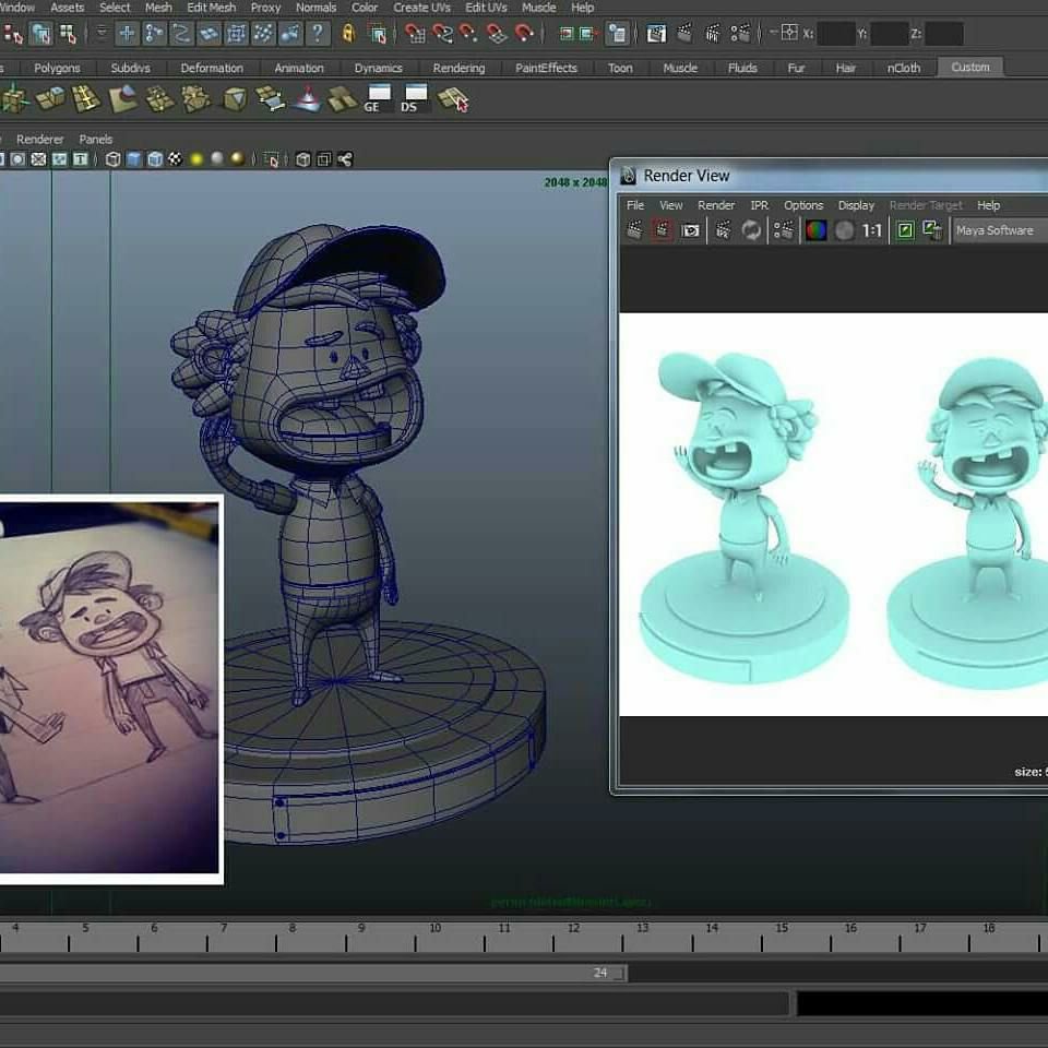 Maya model of a boy in a cap beside the pencil sketch and clay renders