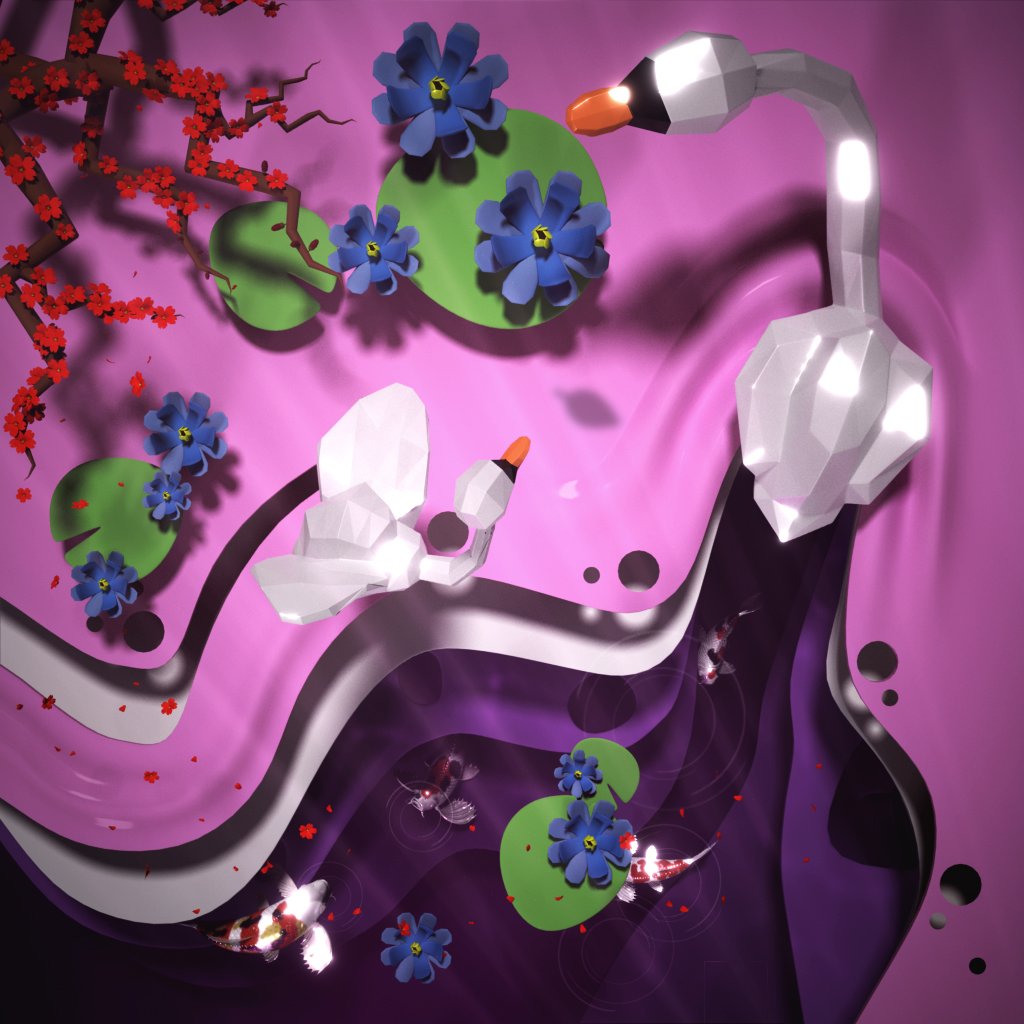 Low-poly white swans, koi, blue lilies and red blossoms on pink and purple water