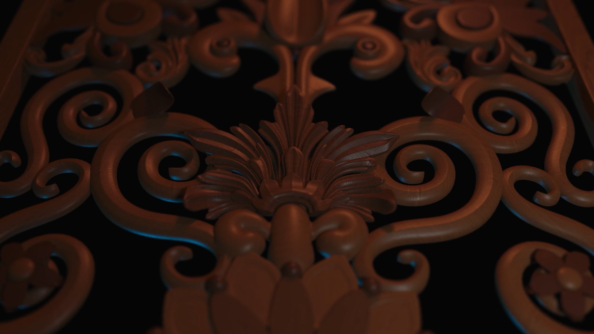 Close-up of carved leaf and scroll motifs with shallow depth of field