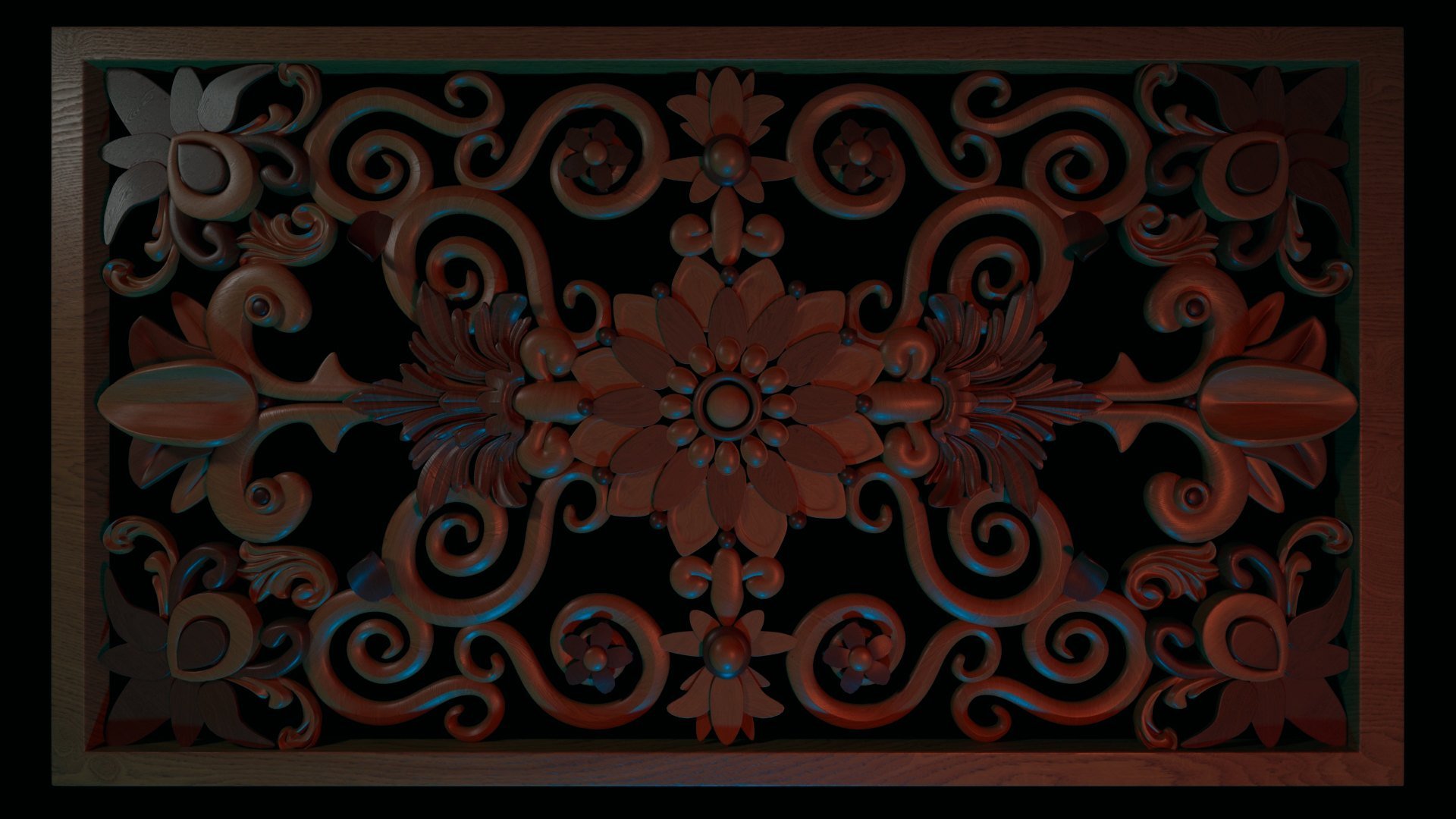 Carved Malay wood panel with radial floral bloom and sulur tendrils, rendered in 3D