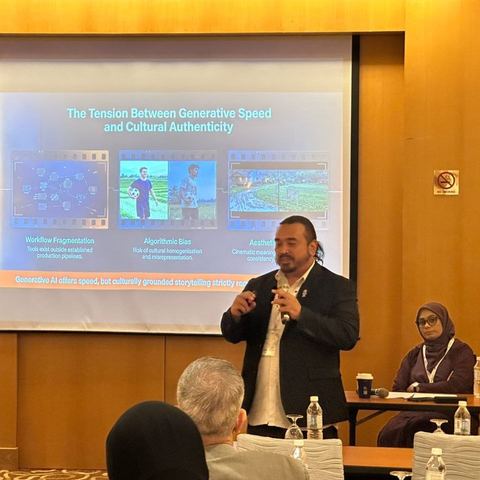 Norzaful presenting a slide on generative speed and cultural authenticity