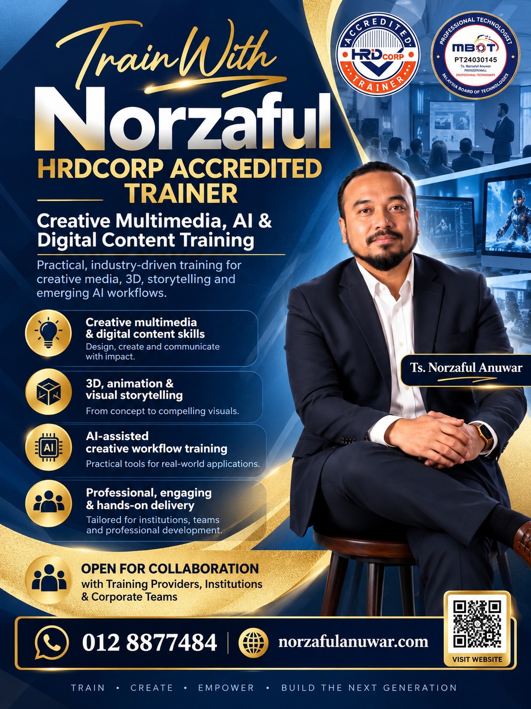 Poster: Train with Norzaful, HRD Corp Accredited Trainer — creative multimedia, AI and digital content training